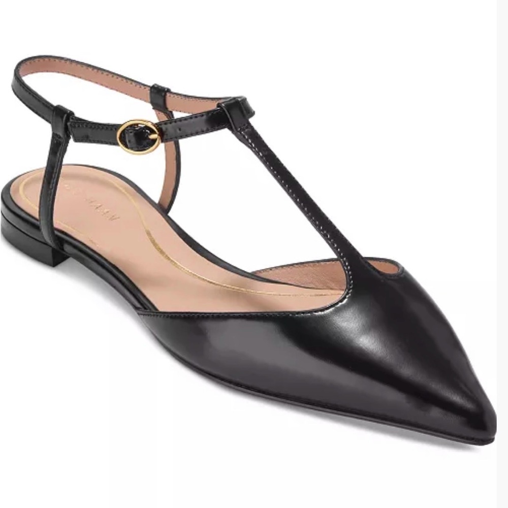 Cole Haan Marlah Pointed T-Strap Black Leather Slingback Flats
